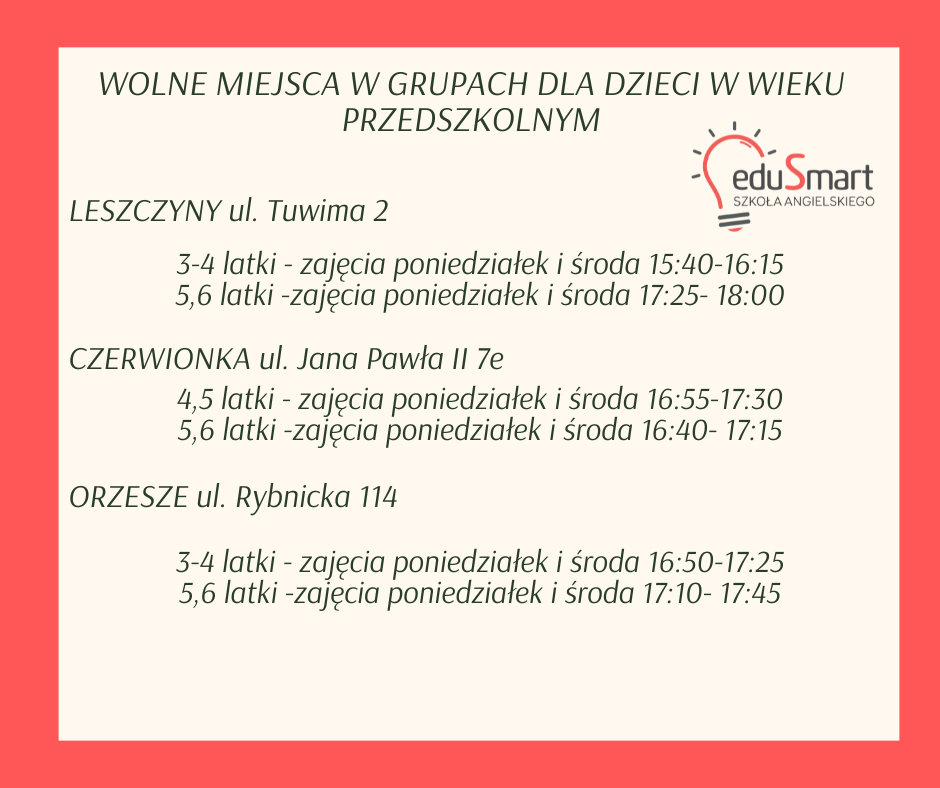 WOLNE MIEJSCA W GRUPACH DLA DZIECI W WIEKU 3-6 LAT